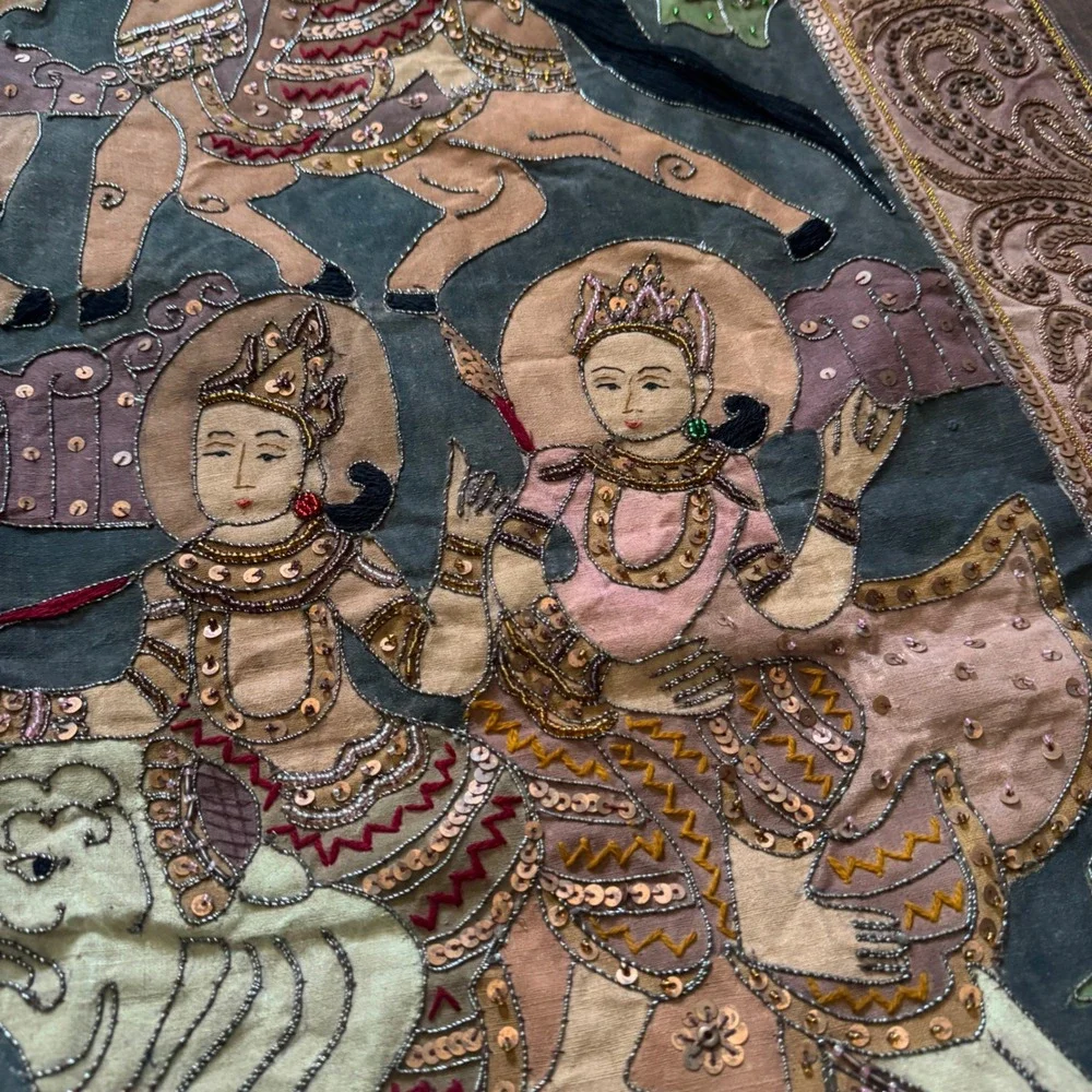 Vintage Burmese Kalaga Tapestry Large Gold Embroidered Elephant Wall Hanging Art